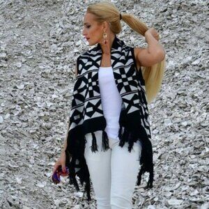 Fringe Open Front Knit Vest - Black